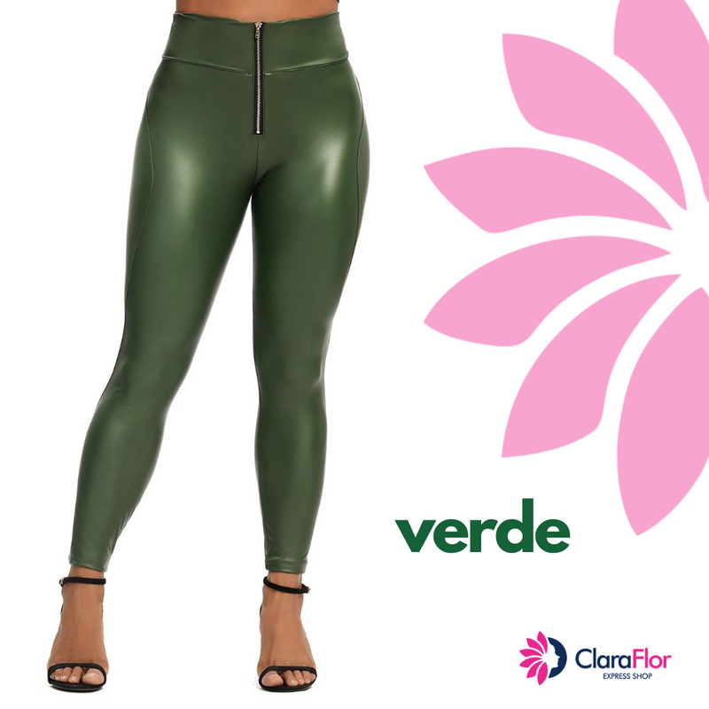 Legging de Couro com Stretch com Zíper e Cintura Alta - Feminina. Super Conforto. Calça push-up de alta qualidade e caimento.