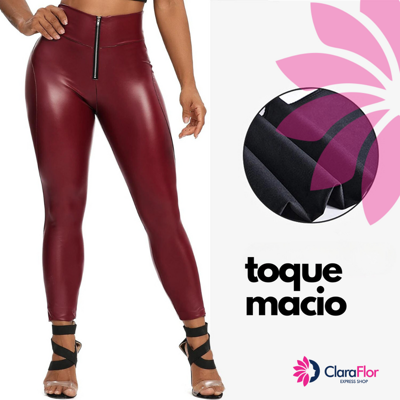 Legging de Couro com Stretch com Zíper e Cintura Alta - Feminina. Super Conforto. Calça push-up de alta qualidade e caimento.