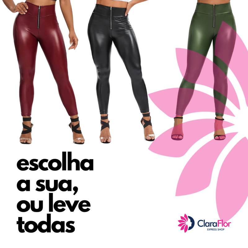 Legging de Couro com Stretch com Zíper e Cintura Alta - Feminina. Super Conforto. Calça push-up de alta qualidade e caimento.