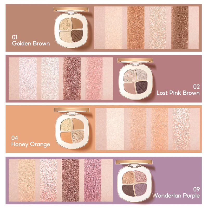 Eye Shadow Paleta de sombras de Luxo com 4 cores - Maquiagem Profissional - Fosca, Glitter e Efeito Esfumaçado. Sombra de Longa Duração.